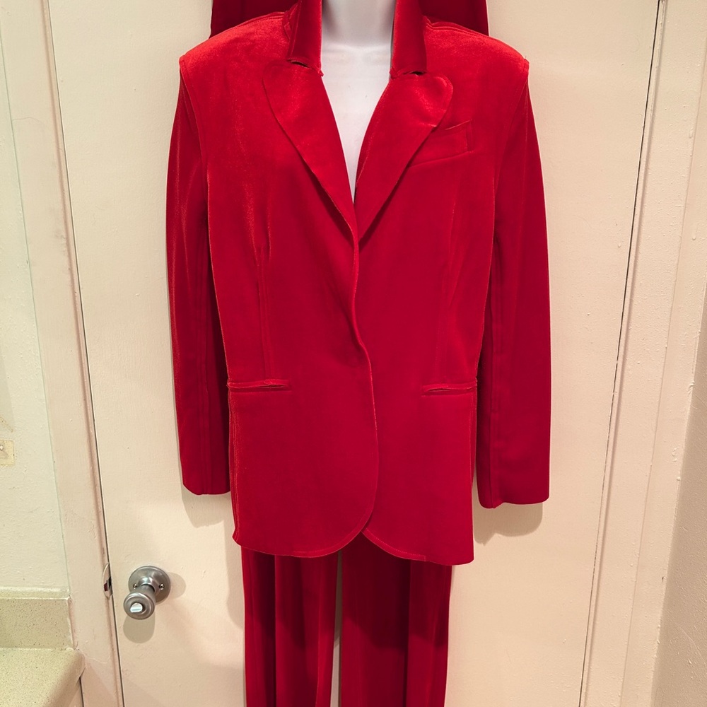 Norma Kamali Red Velvet Pants Suit: Blazer Suit Jacket and Pants S/M